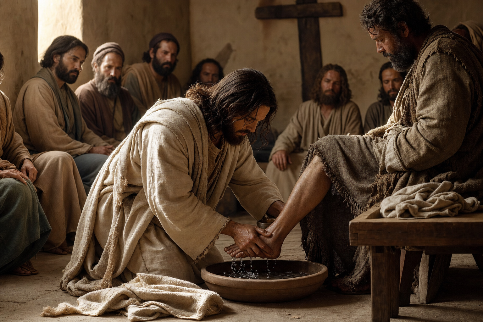 Jesus washes feet with a wooden cross nearby