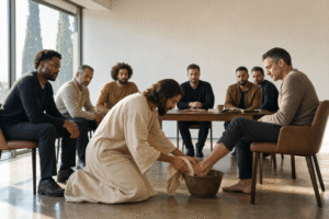 Man kneels washing a disciple’s feet with a basin and towel