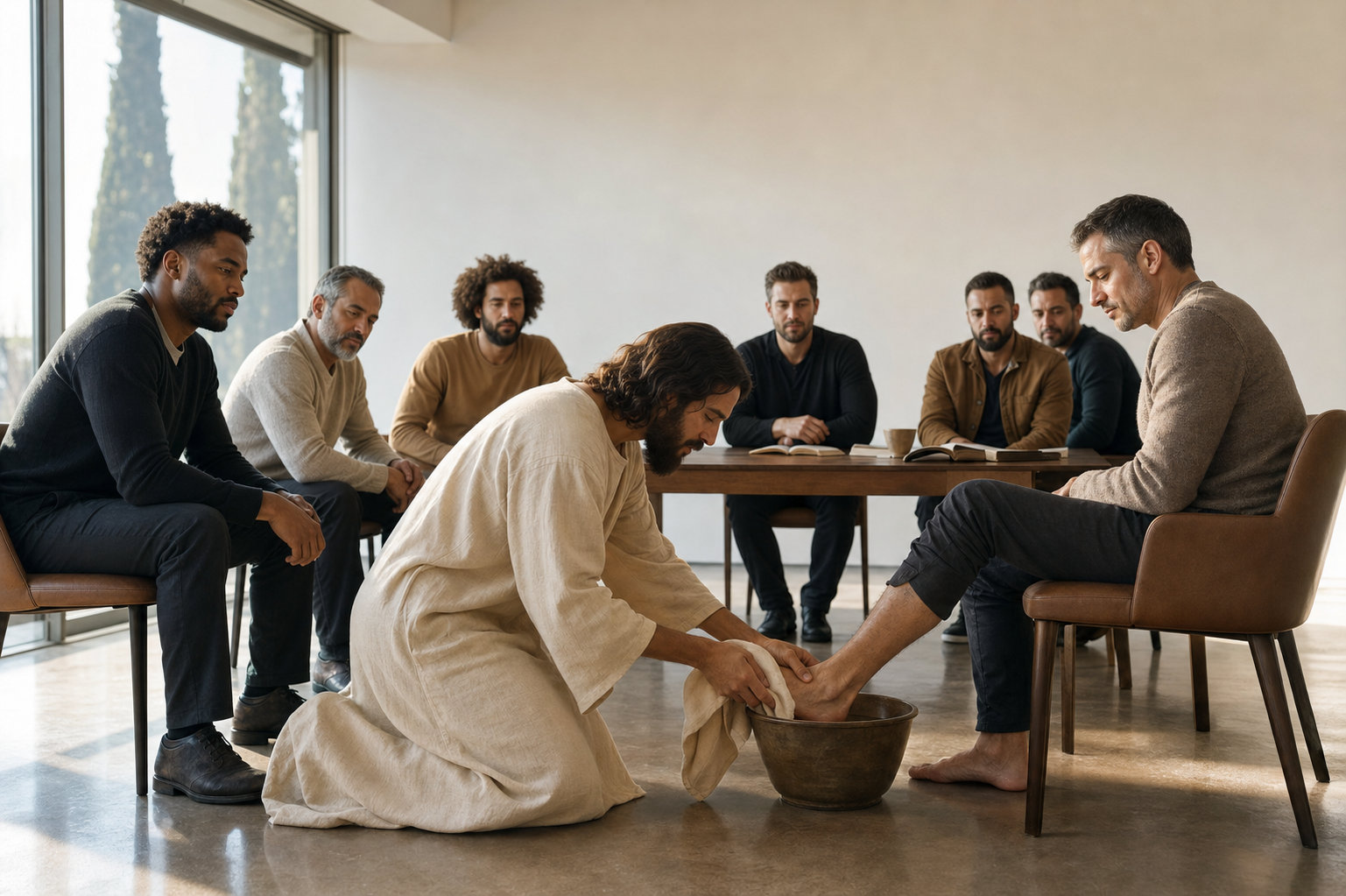 Man kneels washing a disciple’s feet with a basin and towel