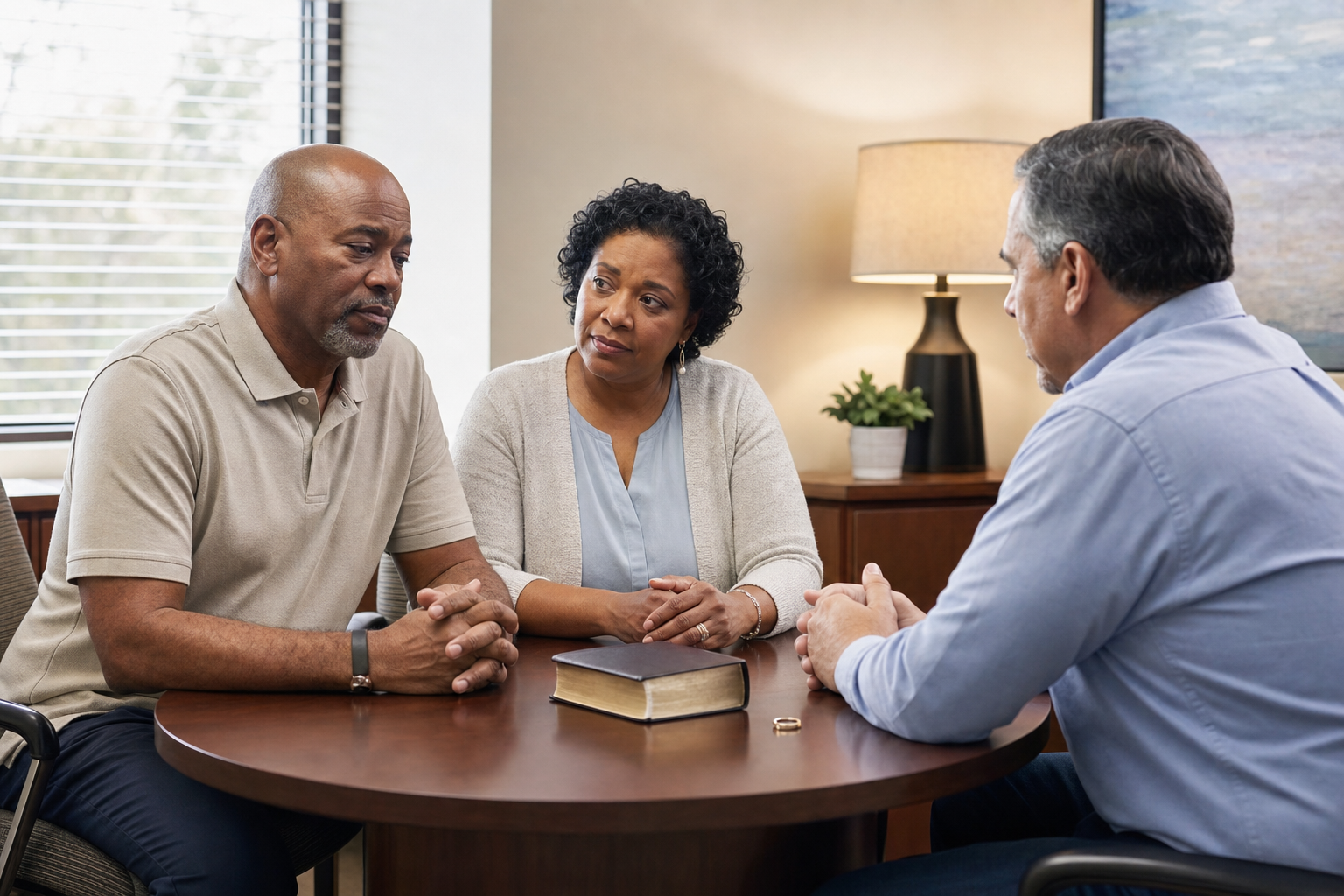 Married couple speaking with a pastoral counselor