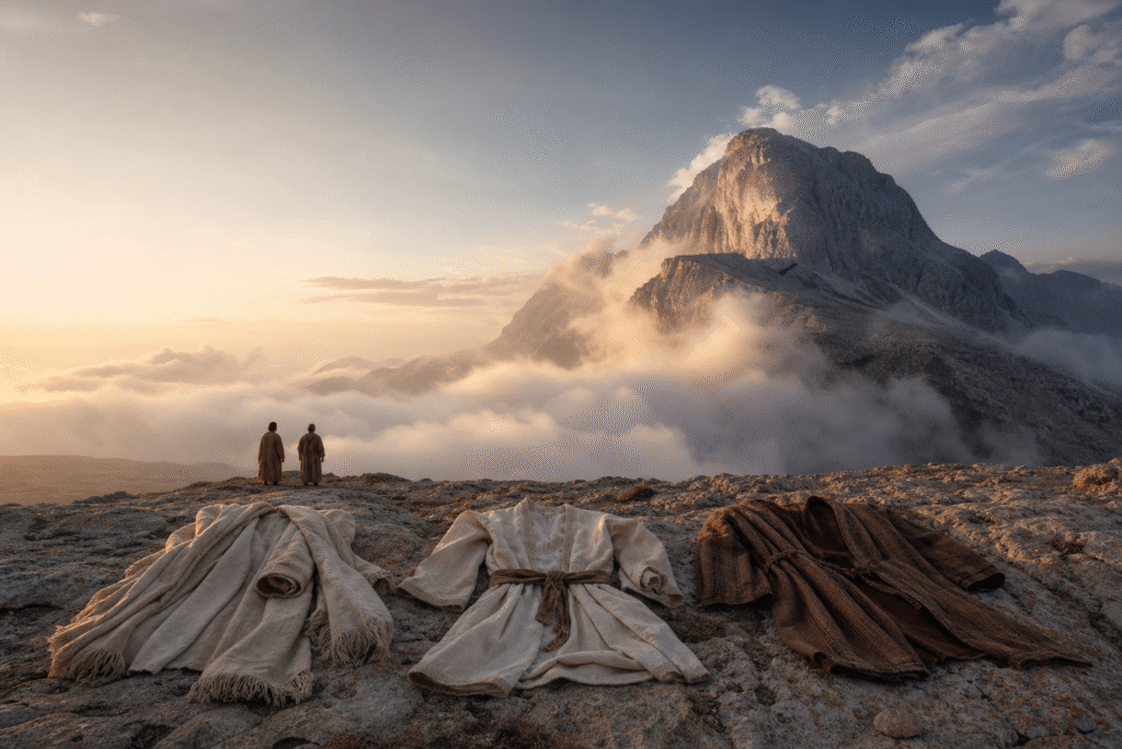 Mountain summit with robes and two praying figures