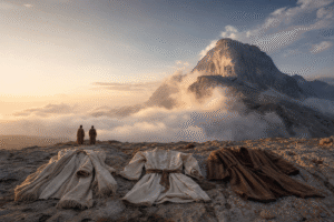 Mountain summit with robes and two praying figures