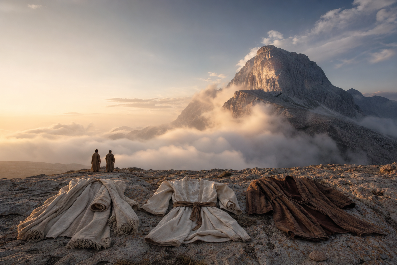 Mountain summit with robes and two praying figures