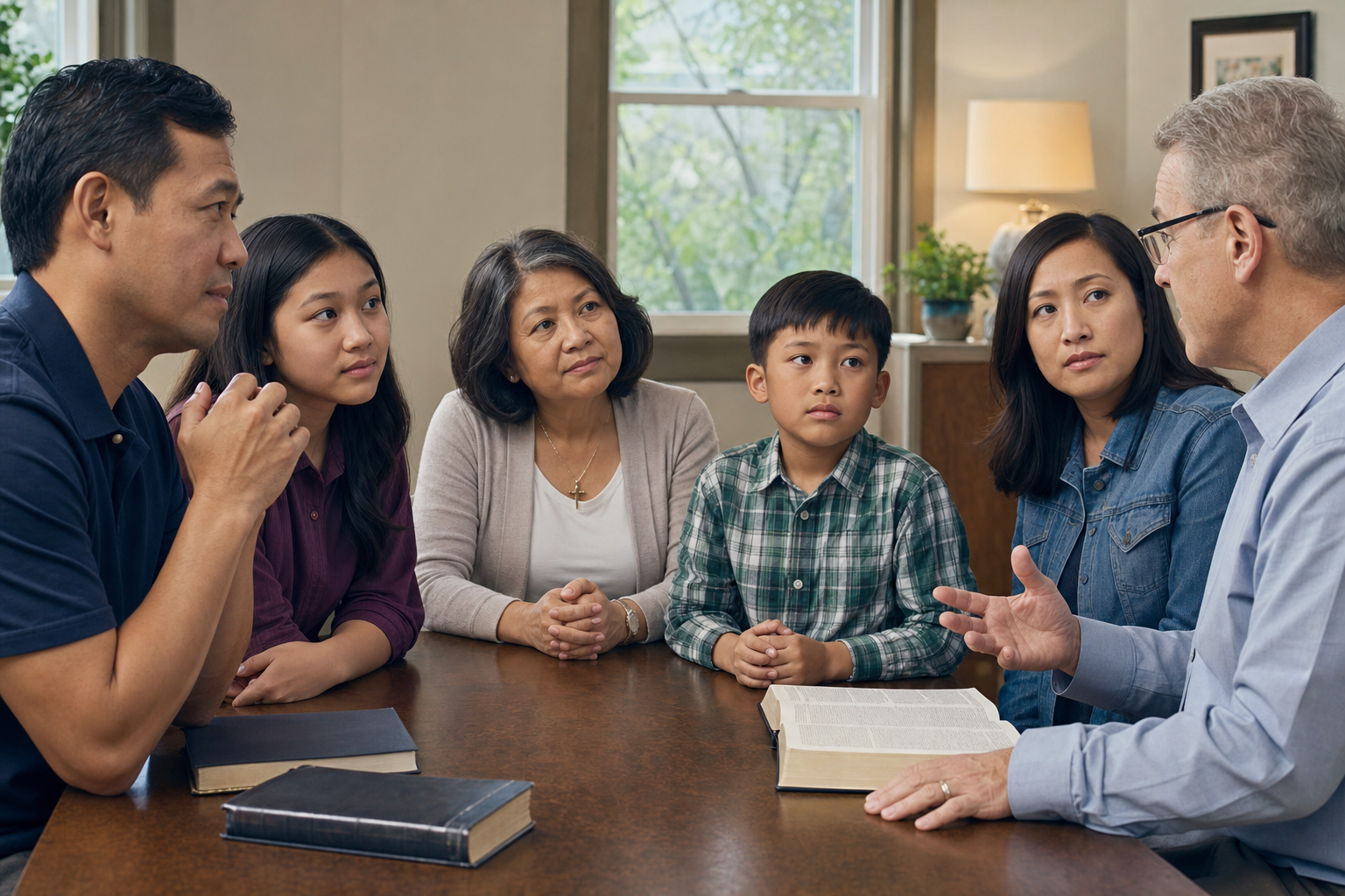 Multigenerational family gathered around an open Bible