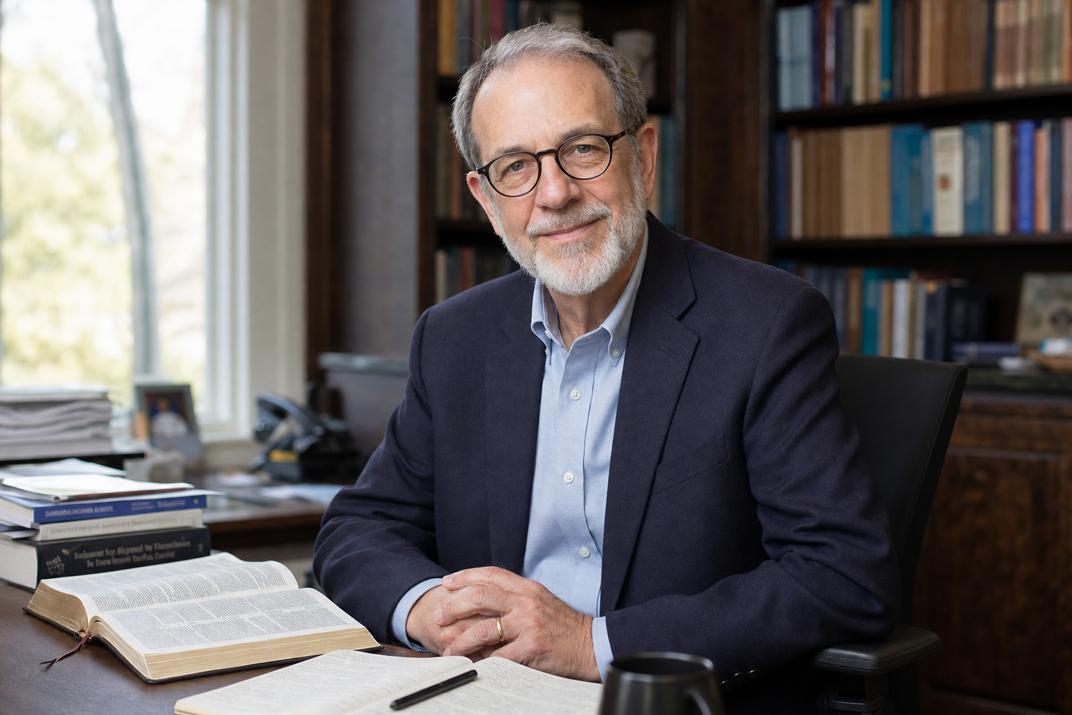 Older biblical scholar seated beside theology books