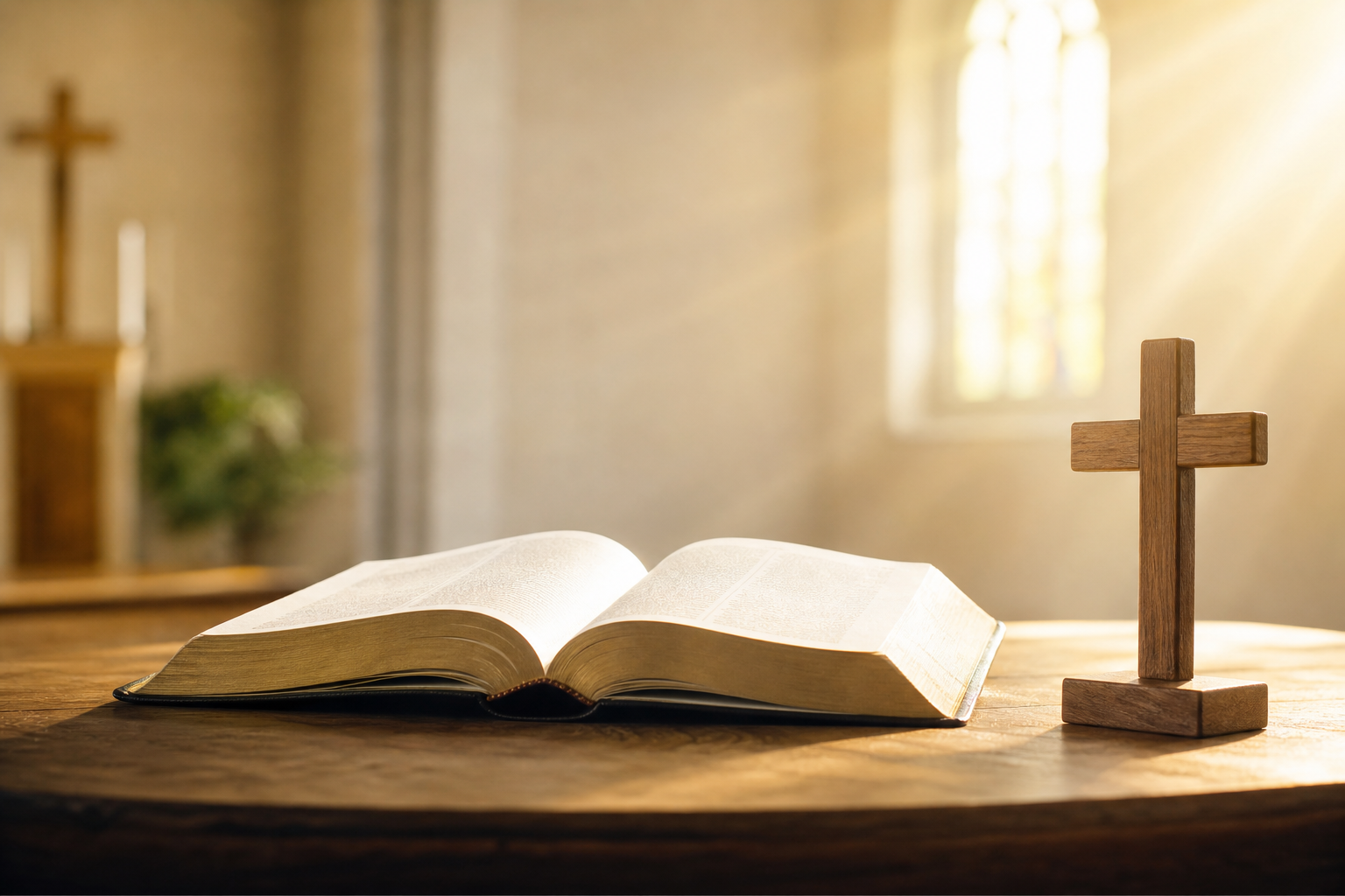 Open Bible and small cross on a wooden table