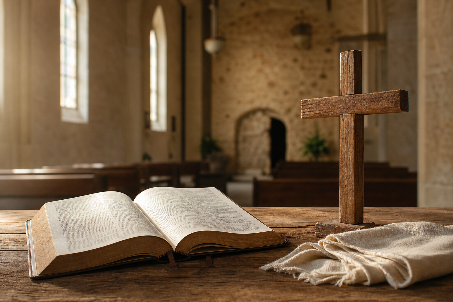 Open Bible and wooden cross beside folded linen cloth