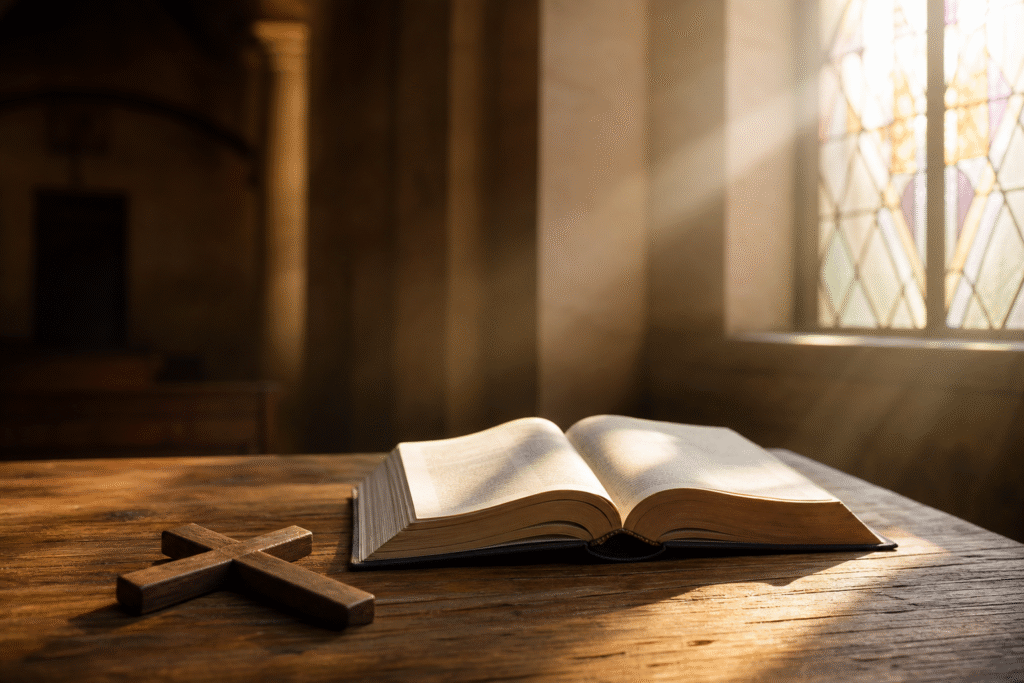 Open Bible and wooden cross on a church table