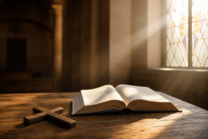 Open Bible and wooden cross on a church table