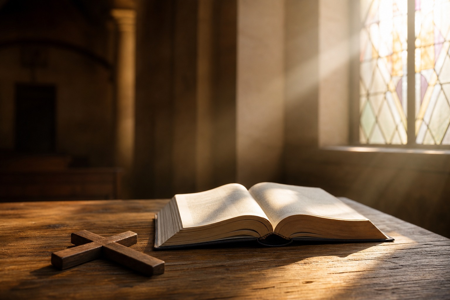 Open Bible and wooden cross on a church table