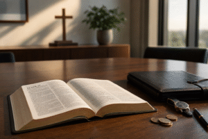 Open Bible beside a cross, portfolio, and wealth symbols