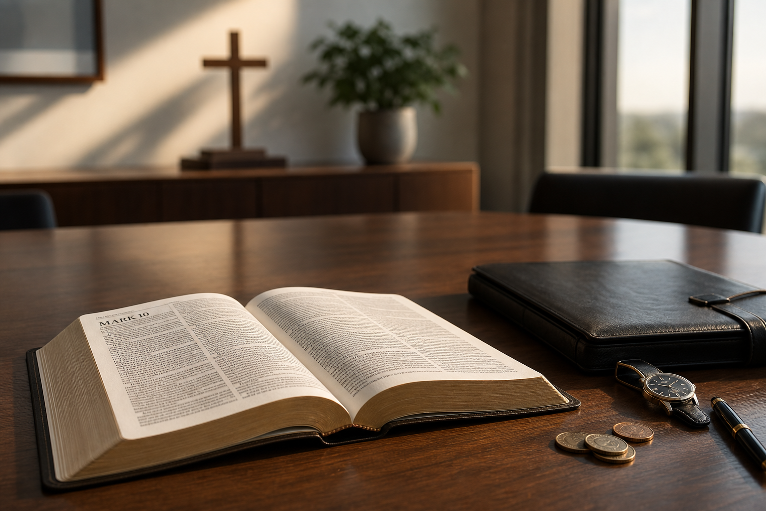Open Bible beside a cross, portfolio, and wealth symbols