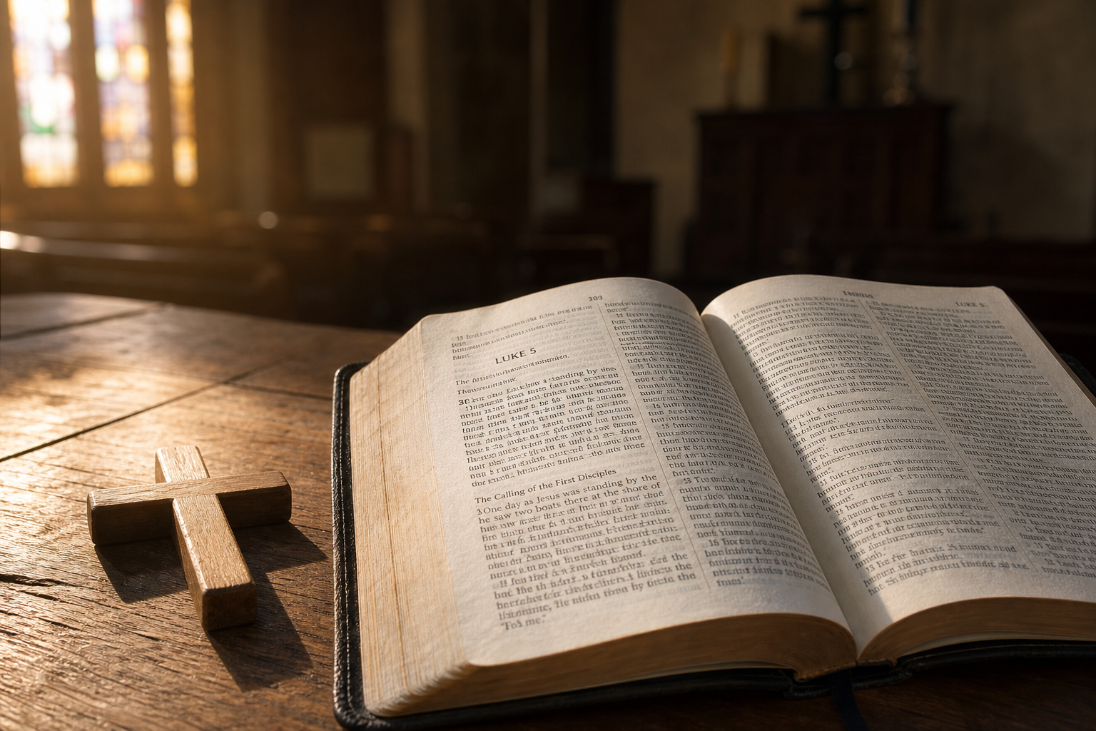 Open Bible beside a wooden cross