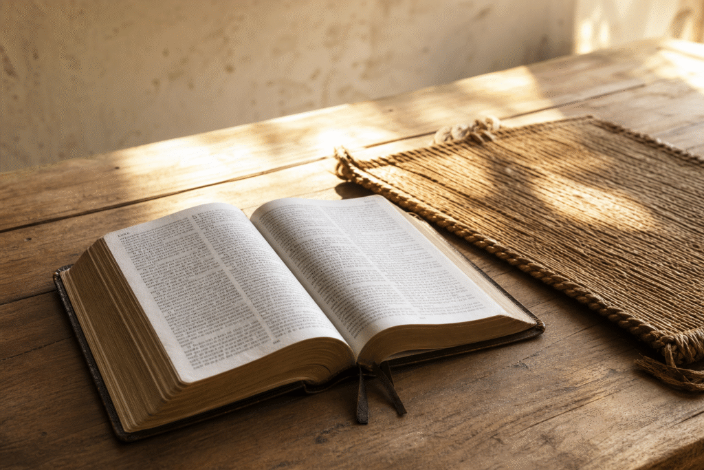 Open Bible beside a woven mat on a wooden table