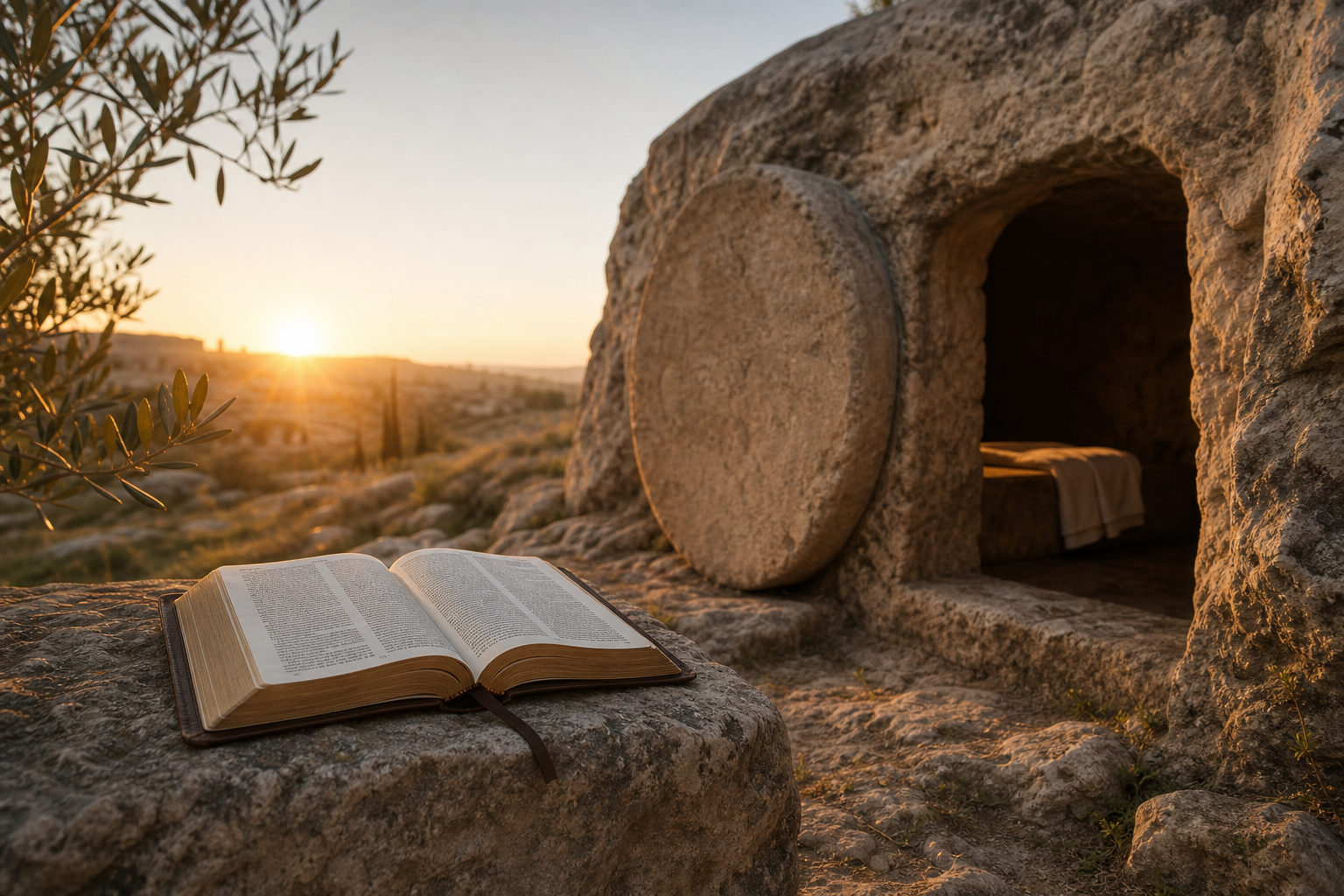 Open Bible beside an ancient stone tomb with folded linen cloth
