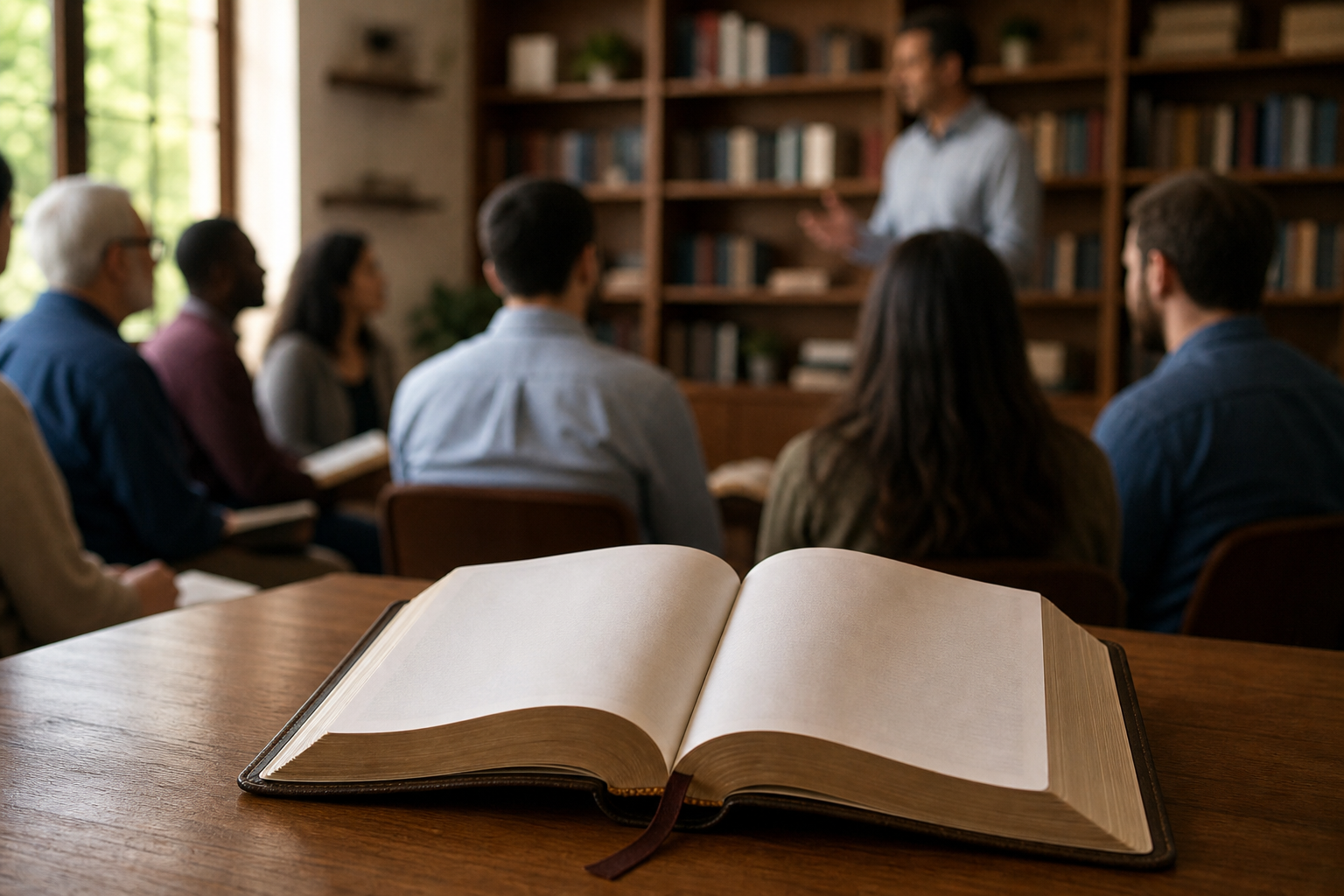 Open Bible beside Christians listening to Bible teacher