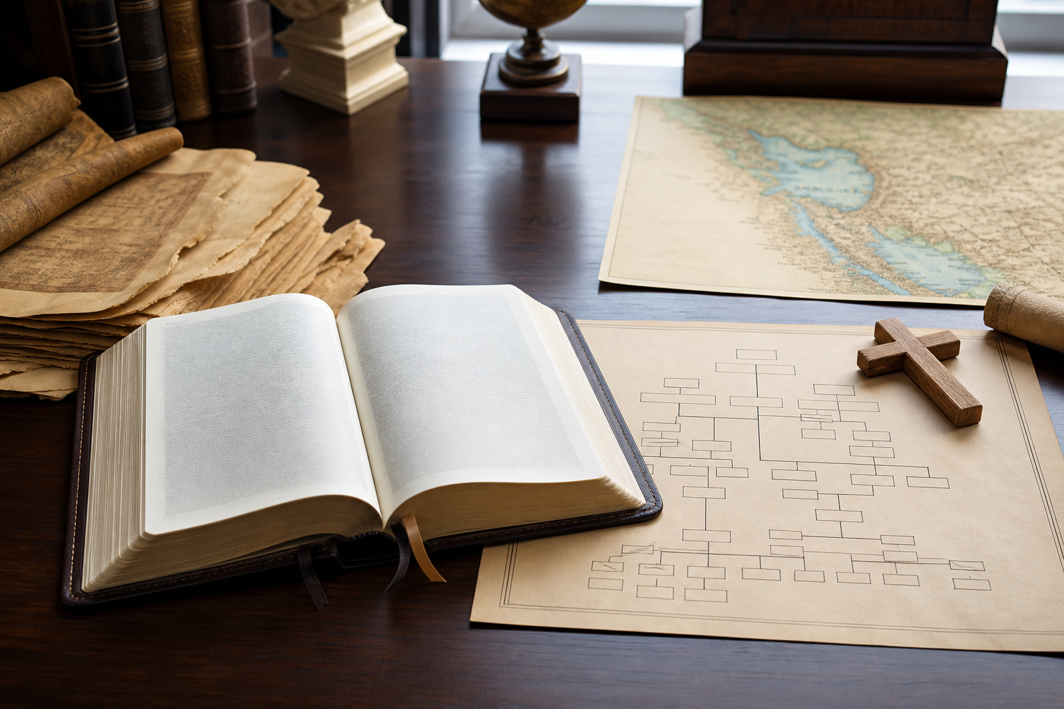 Open Bible beside genealogy chart and biblical land map