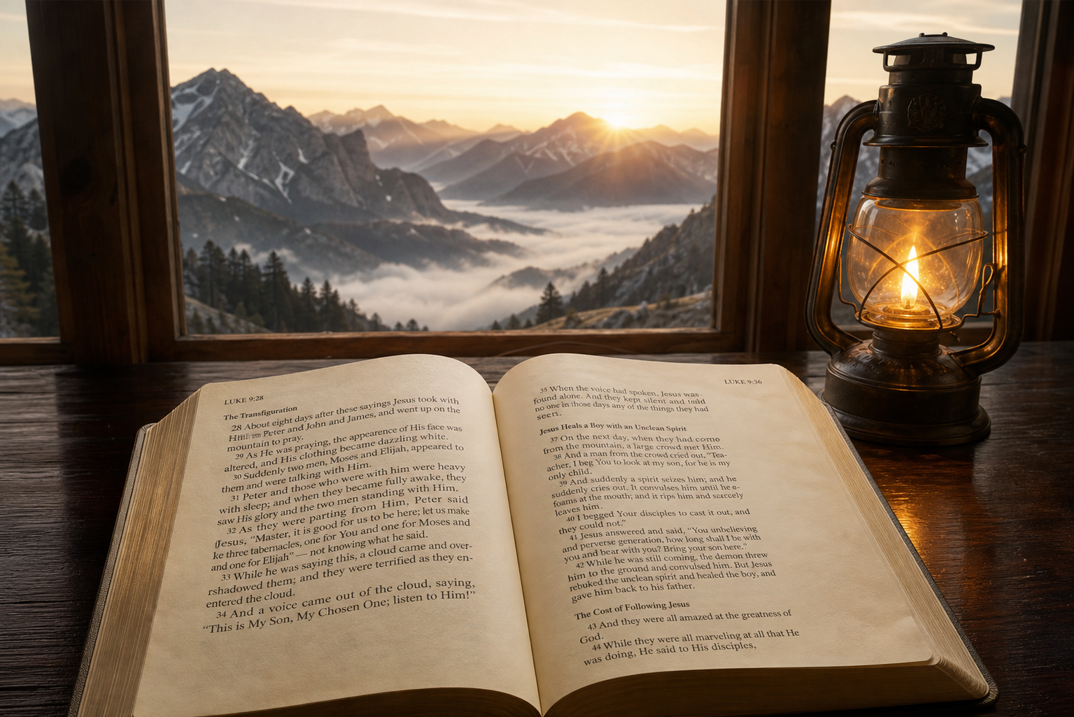 Open Bible beside lantern with mountains outside window