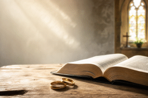 Open Bible beside two wedding rings on a wooden table