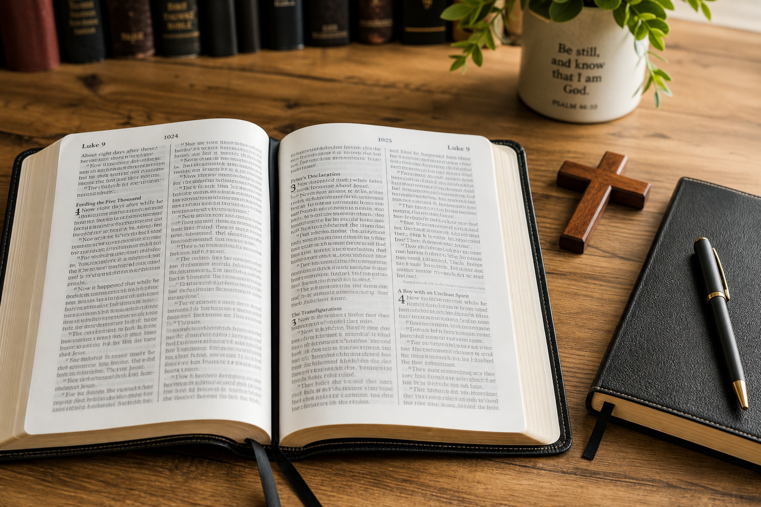 Open Bible displaying Luke 9:51–62 beside a cross