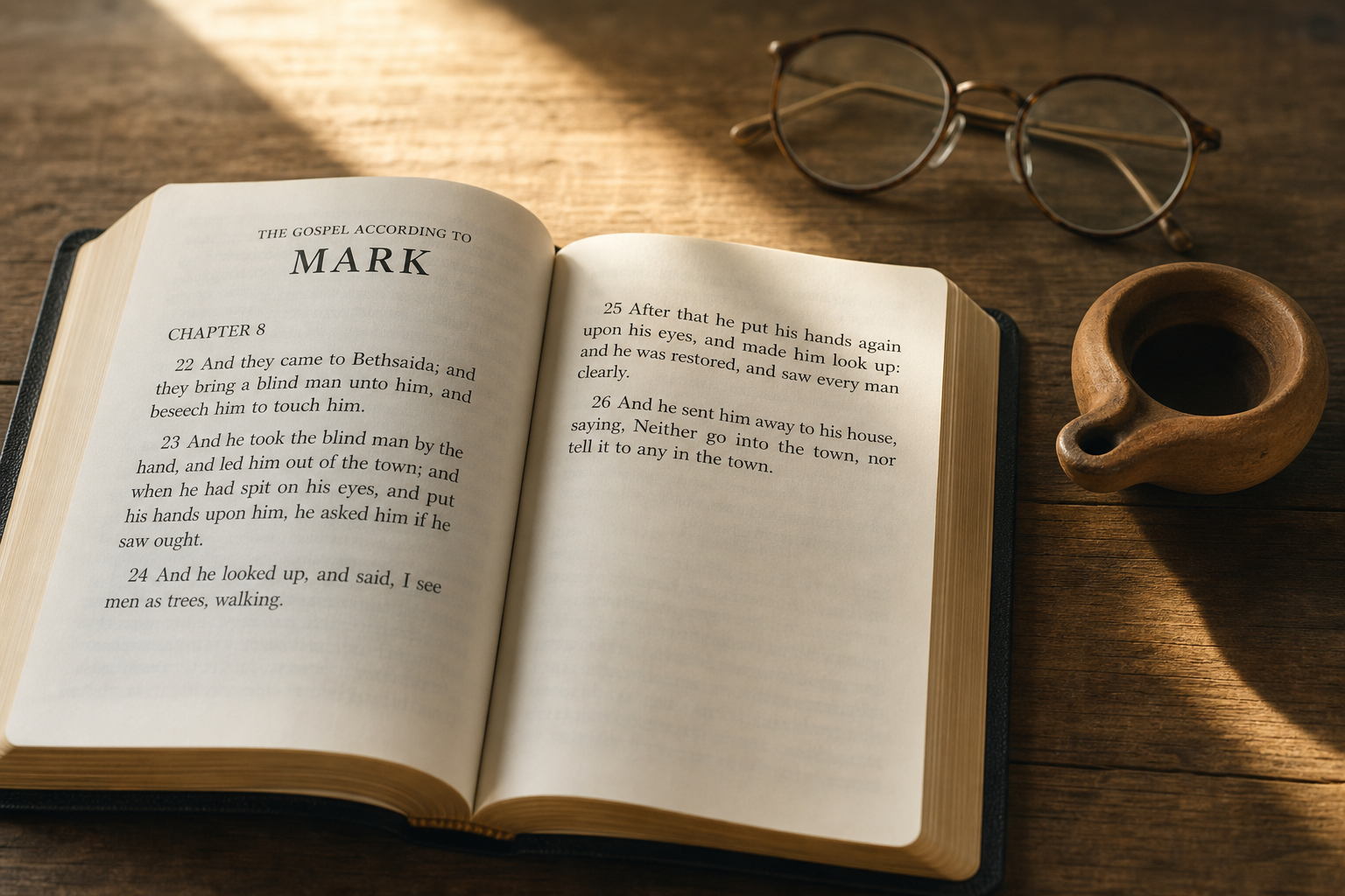 Open Bible displaying Mark 8:22-26 beside eyeglasses