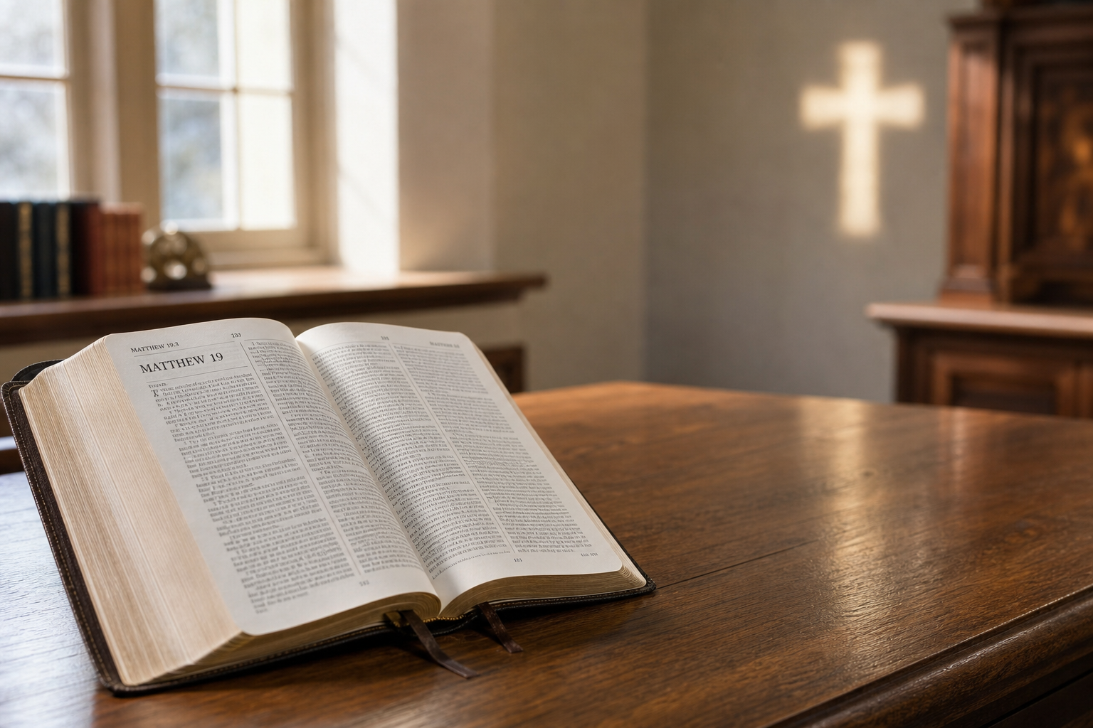 Open Bible displaying Matthew chapter 19 on a wooden table