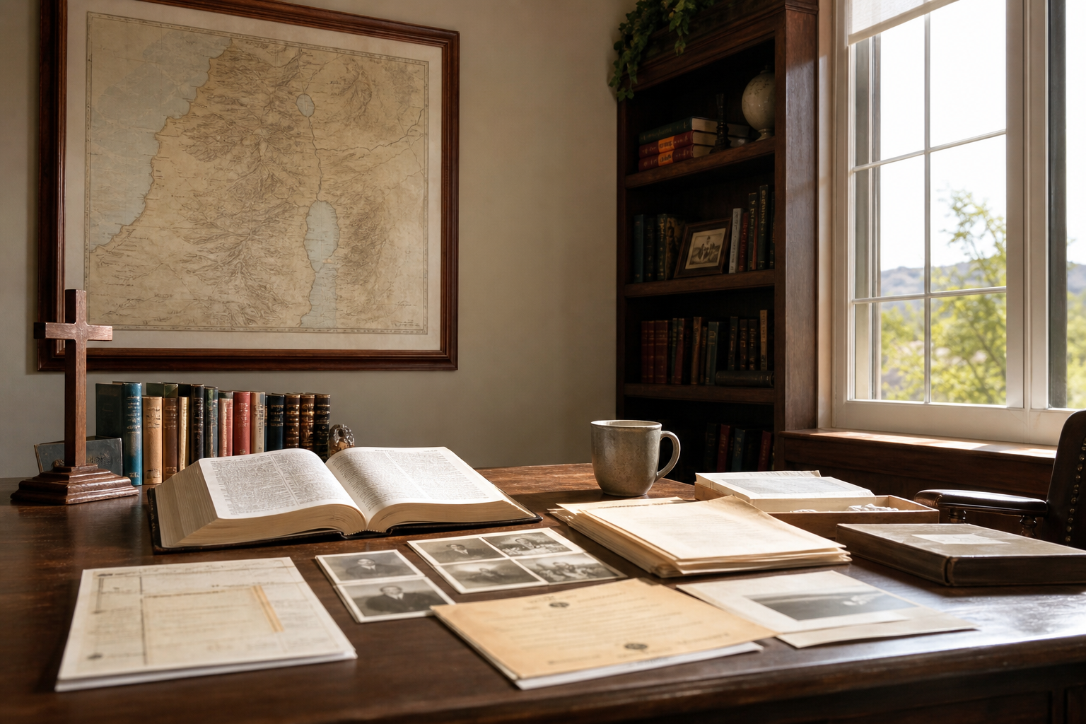Open Bible, family documents, wooden cross, and Judea map