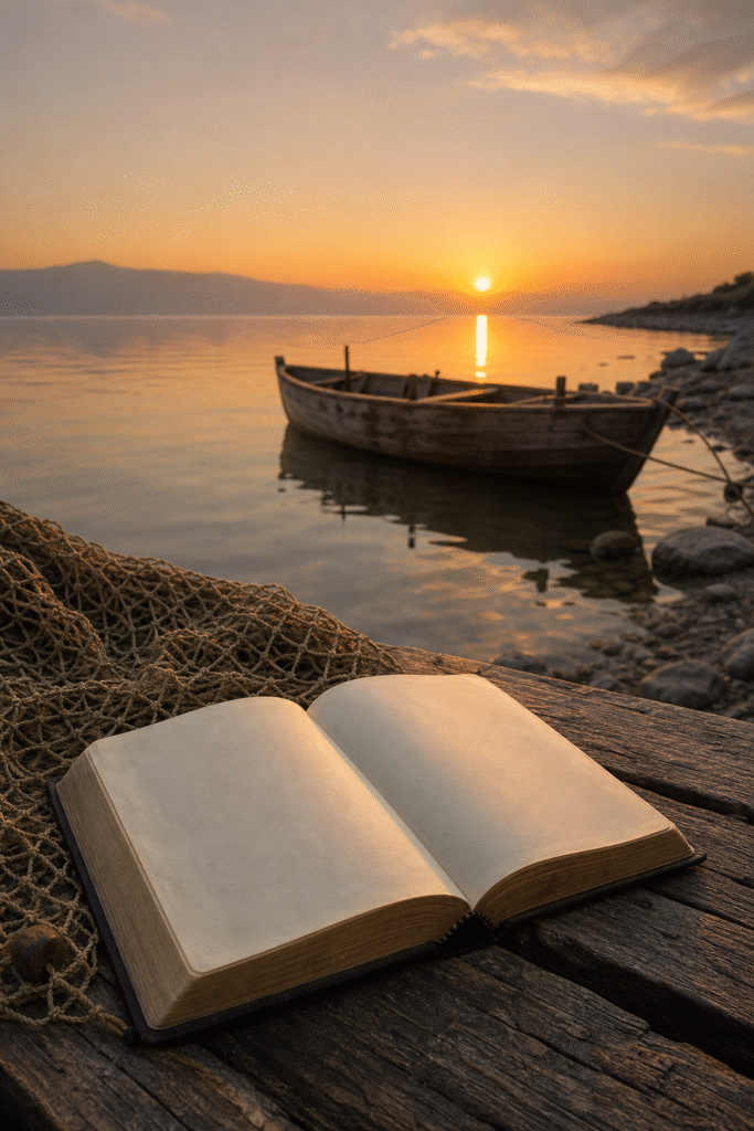 Open Bible, fisherman’s net, and wooden boat by the Sea of Galilee