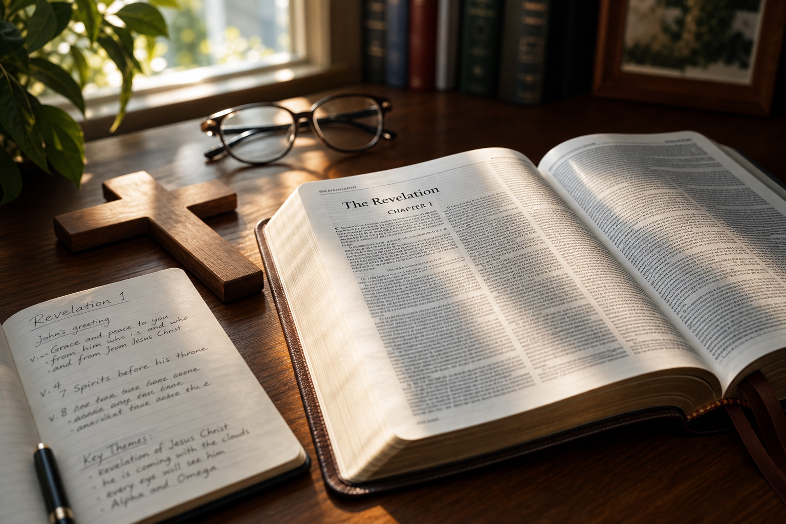 Open Bible, notebook, cross, and reading glasses on desk
