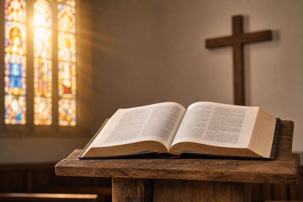 Open Bible on a wooden lectern with a cross behind it
