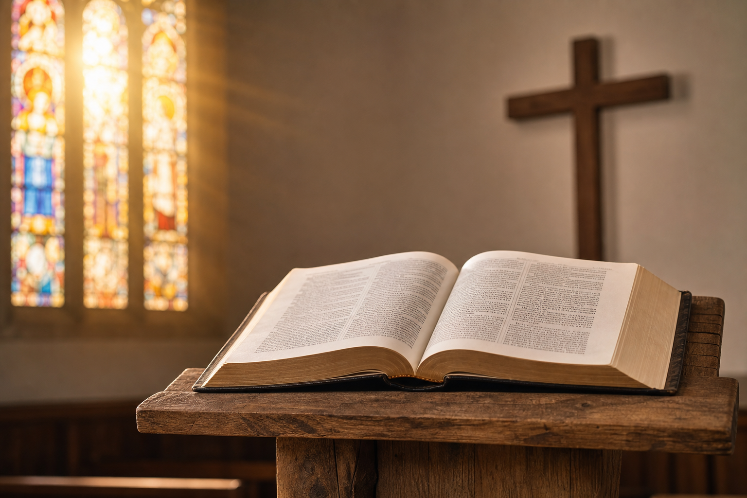 Open Bible on a wooden lectern with a cross behind it