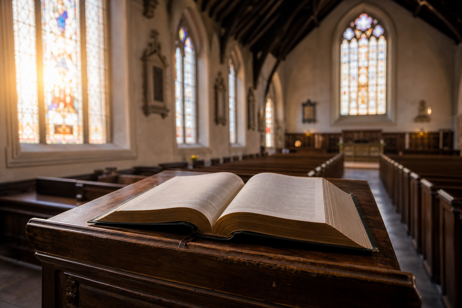 Open Bible on lectern inside historic church