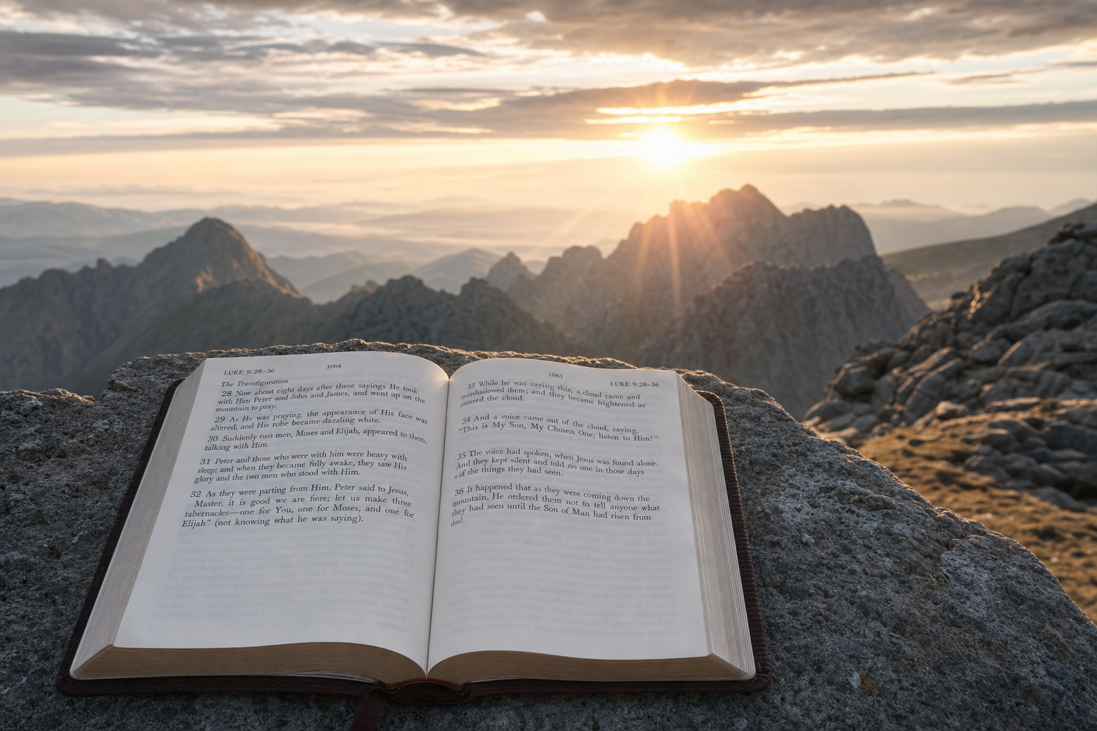 Open Bible on stone overlooking mountain peaks