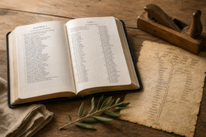 Open Bible, parchment family tree, carpenter’s tool, and olive branch