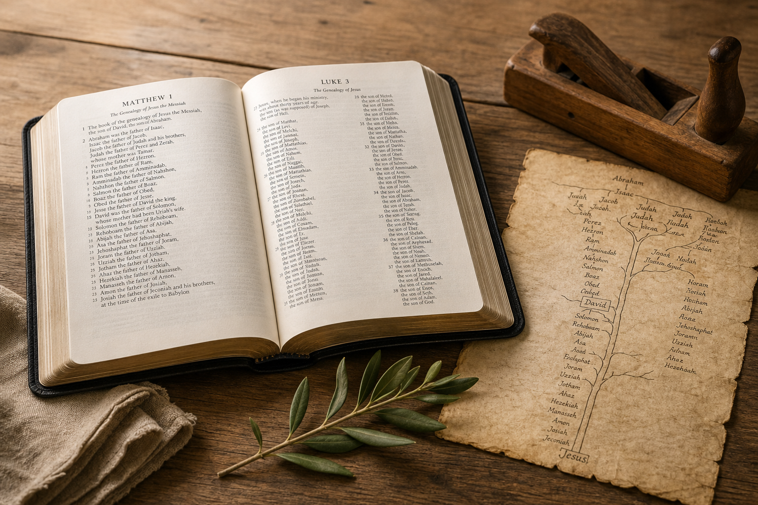 Open Bible, parchment family tree, carpenter’s tool, and olive branch