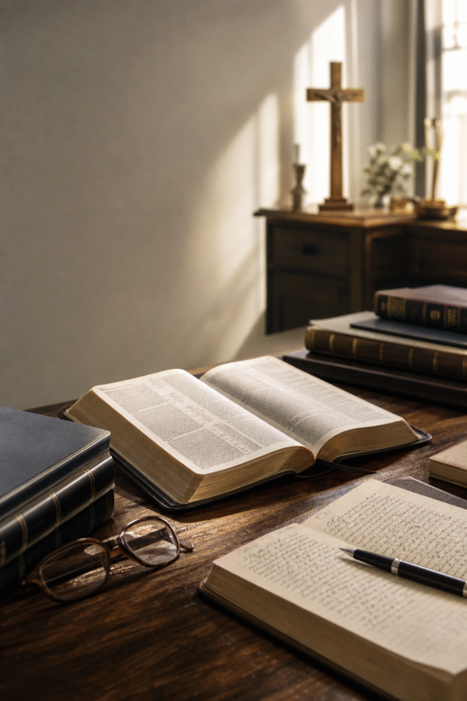 Open Bible, scholarly books, notes, glasses, and wooden cross