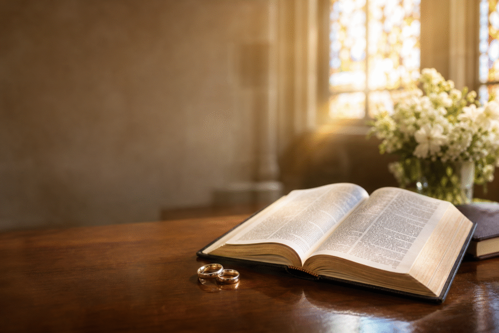 Open Bible with wedding rings on a wooden table