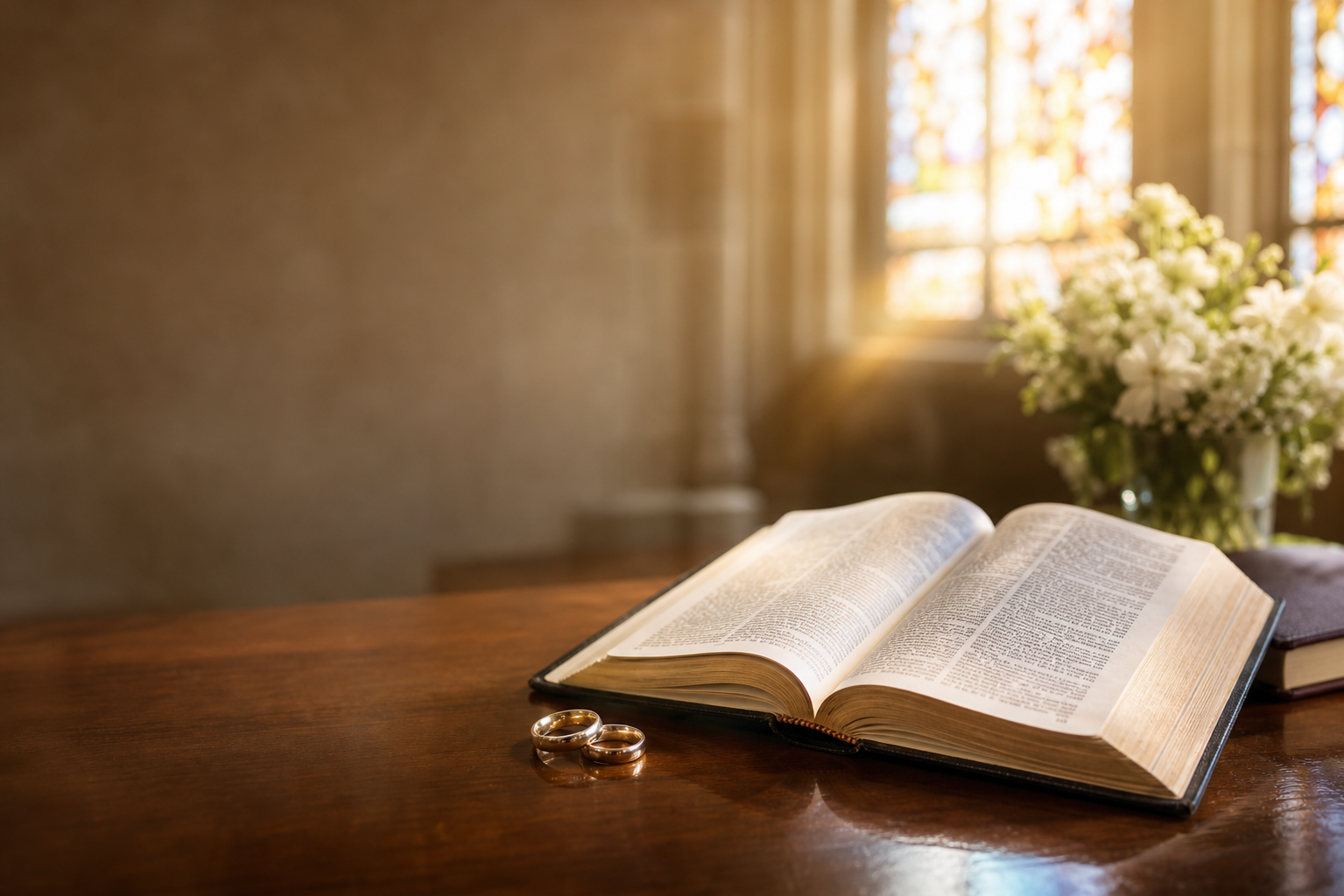 Open Bible with wedding rings on a wooden table