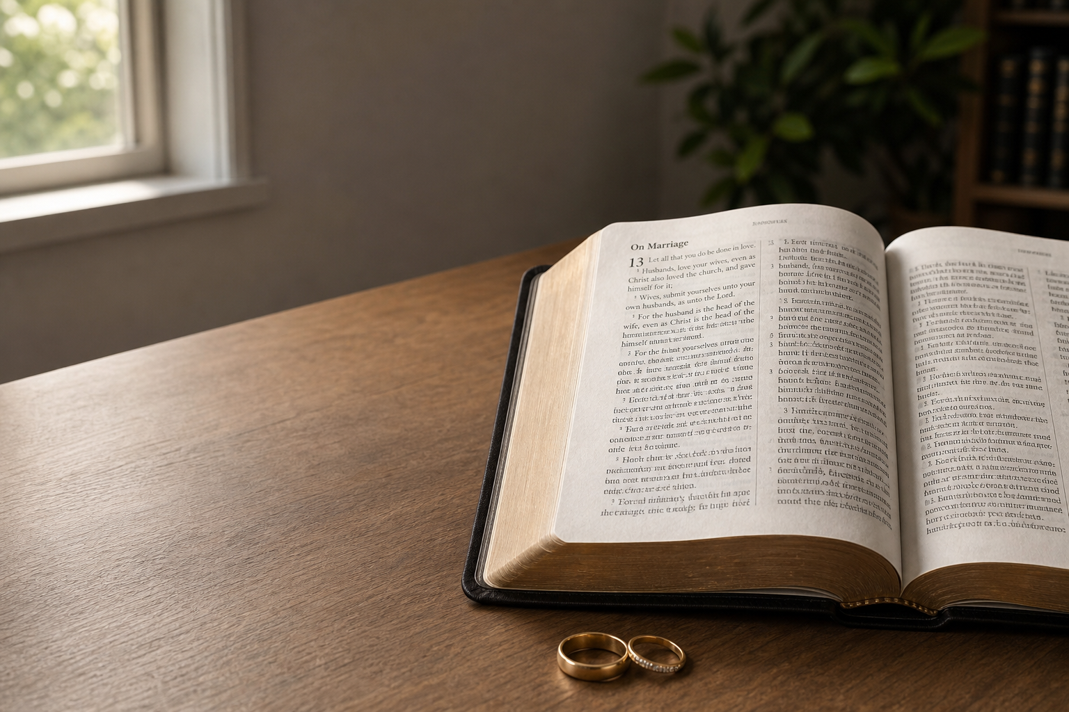 Open Bible with wedding rings on a wooden table