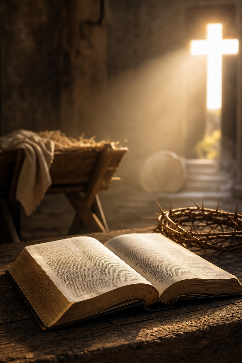 Open Bible with wooden manger and crown of thorns