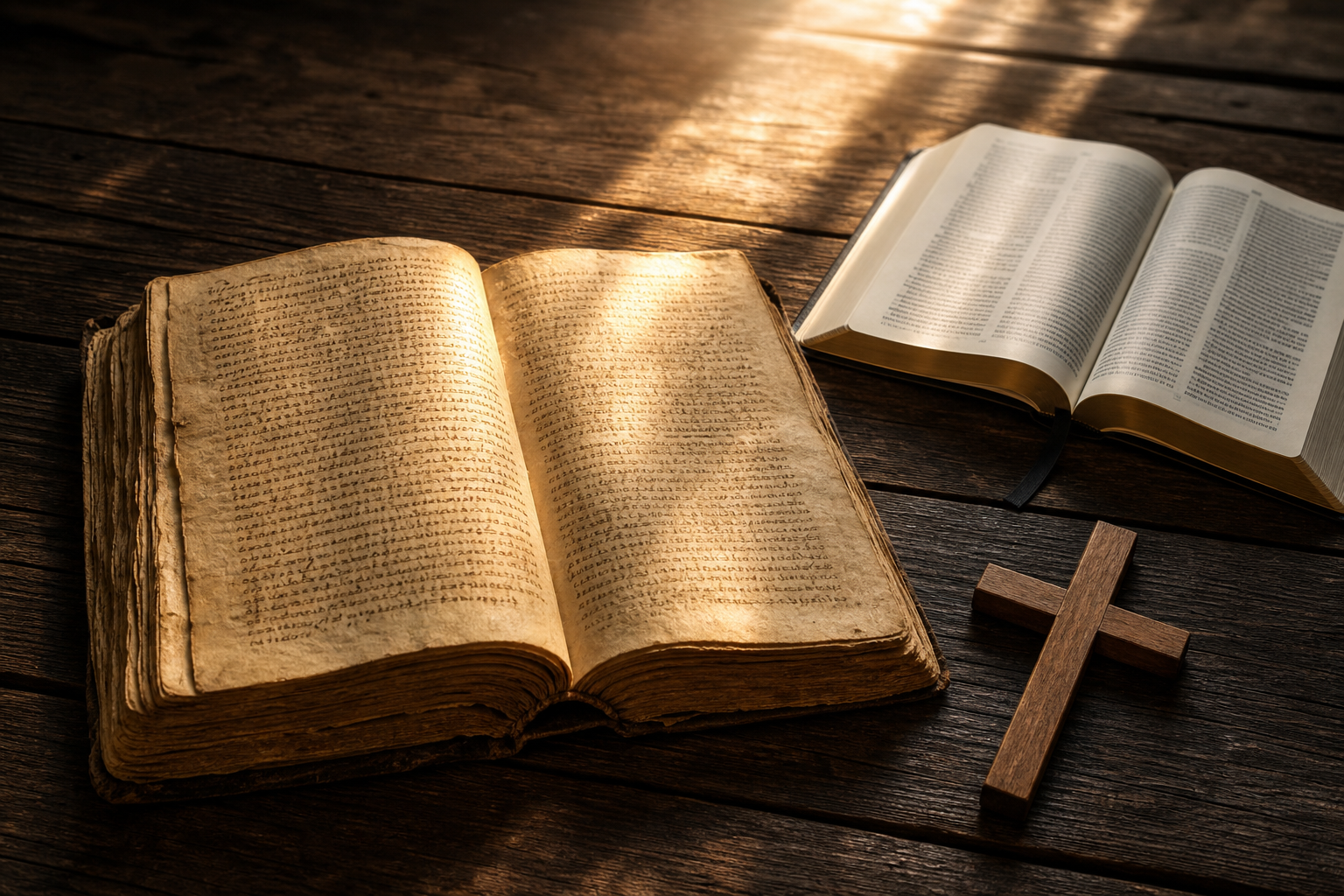 Open Gospel manuscript and Bible beside a wooden cross