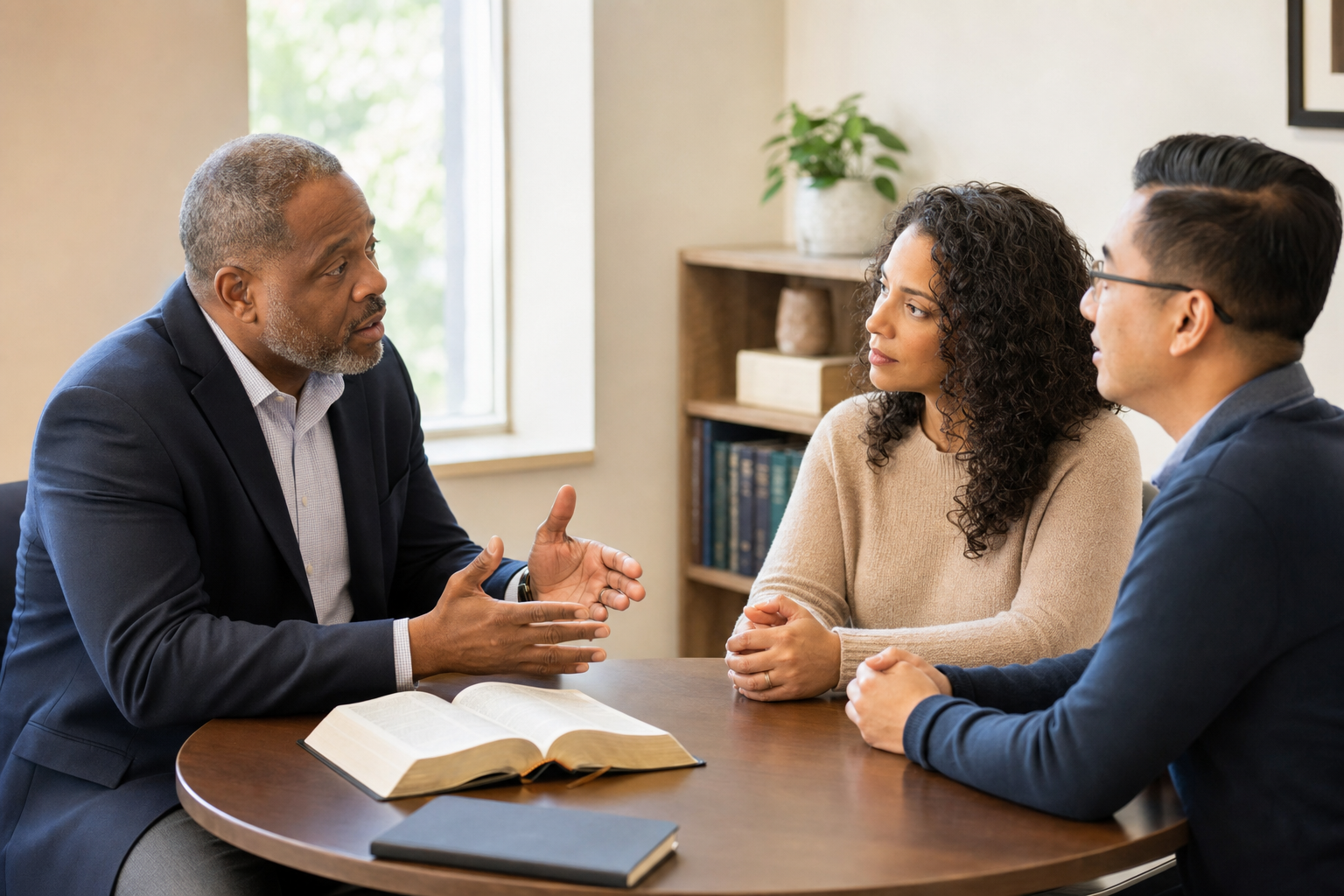 Pastor counseling two adults at a table with an open Bible