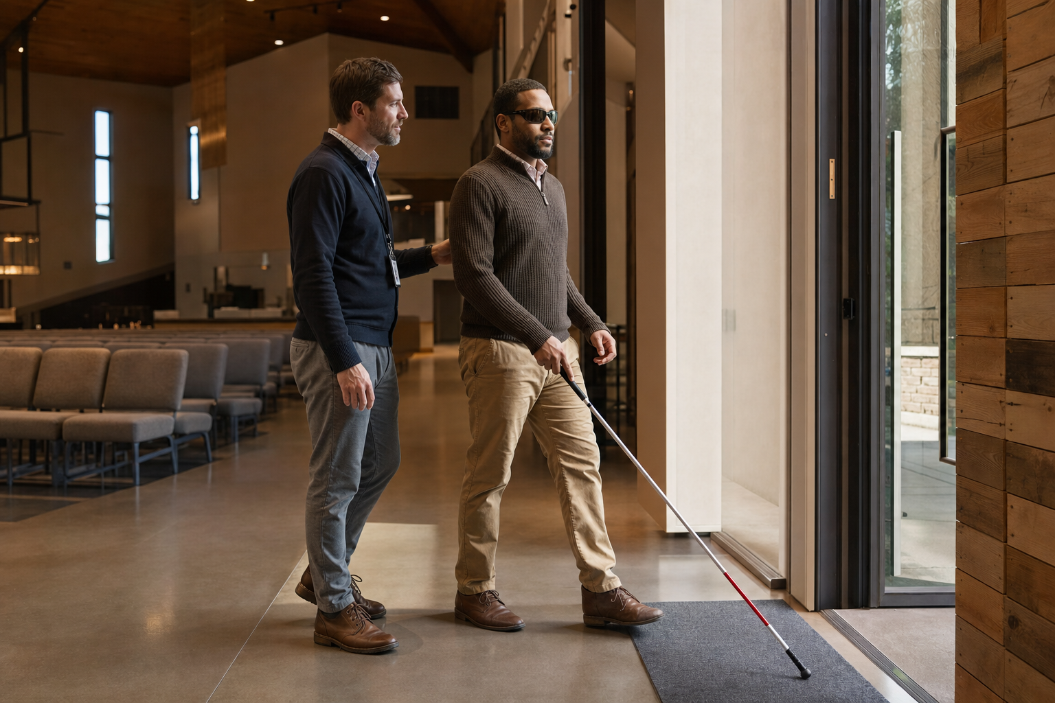 Pastor guiding a visually impaired adult toward a doorway