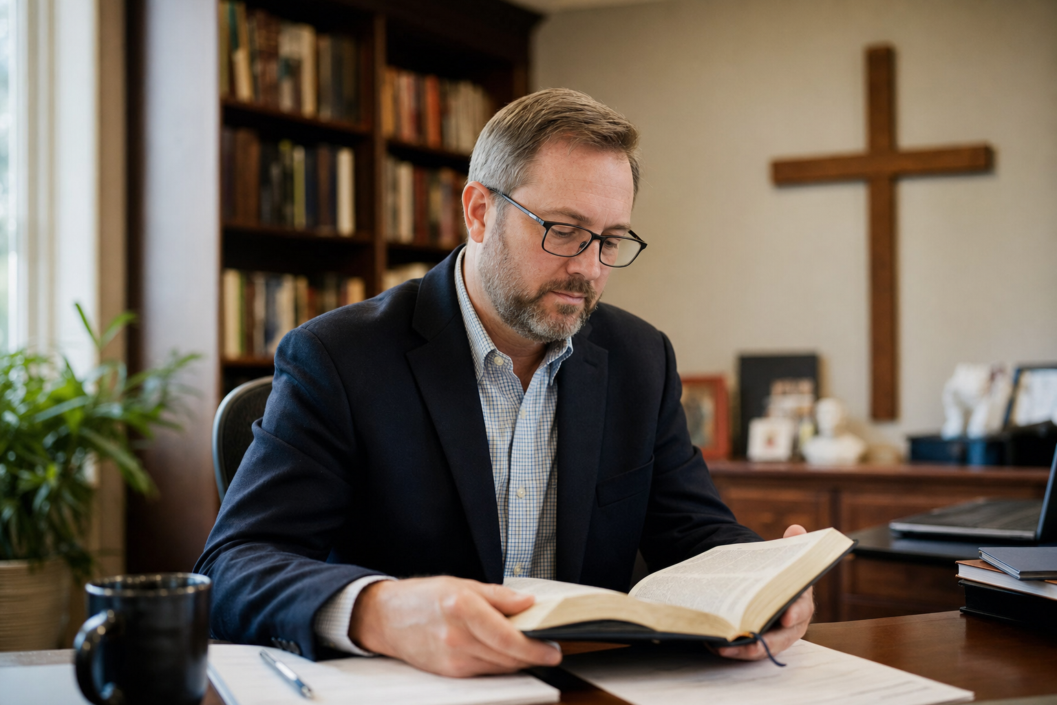 Pastor reading an open Bible with a cross behind him
