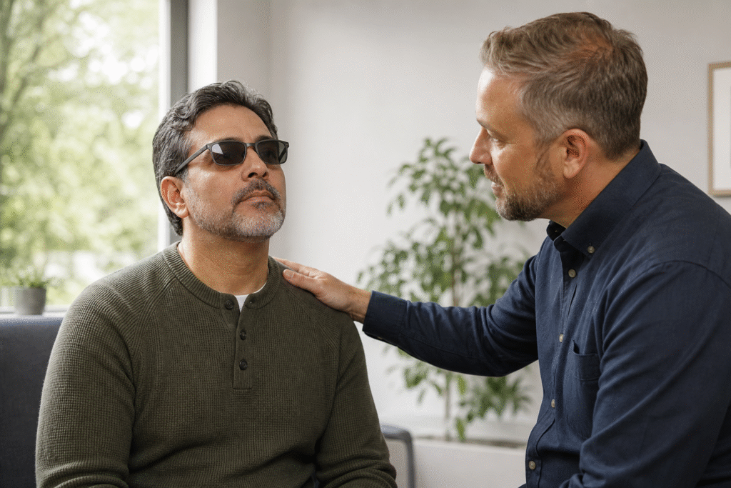 Pastoral counselor placing a hand near a visually impaired man's shoulder