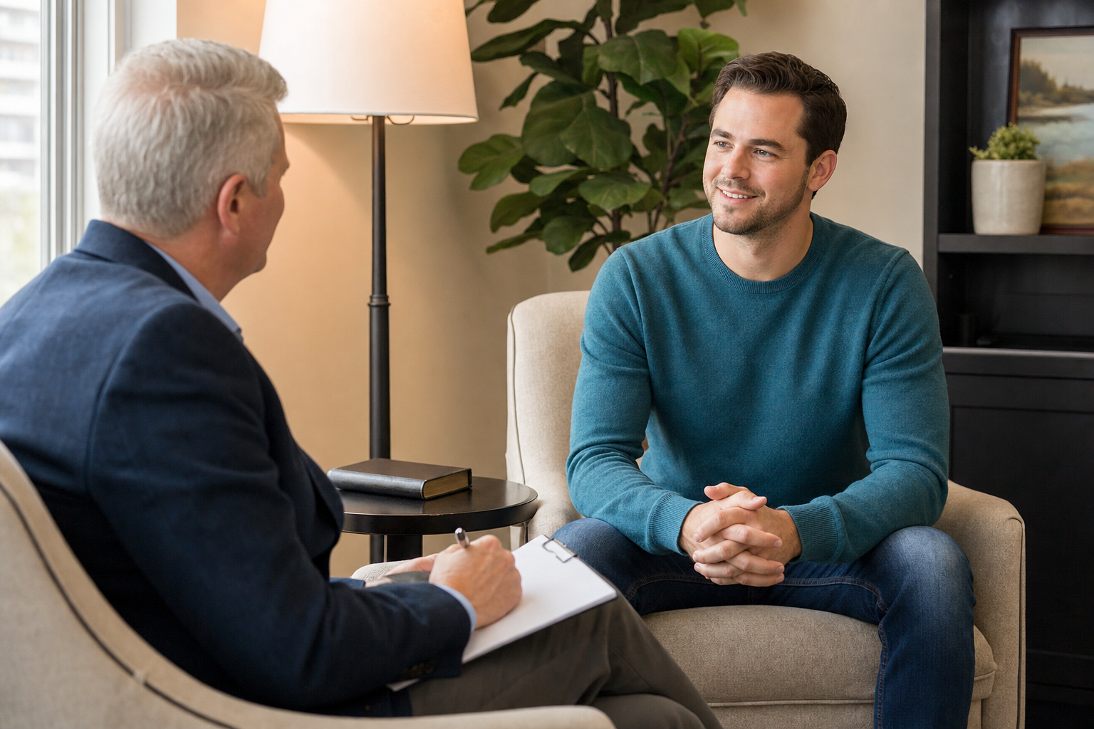 Pastoral counselor speaking with a relieved adult man