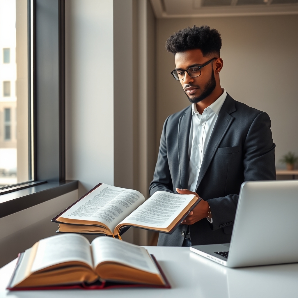Professional praying beside desk with open Bible