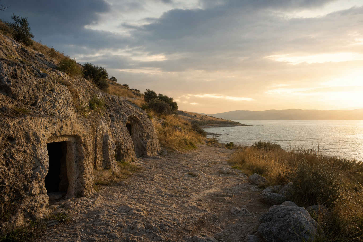 Rocky hillside with ancient tombs beside the Sea of Galilee