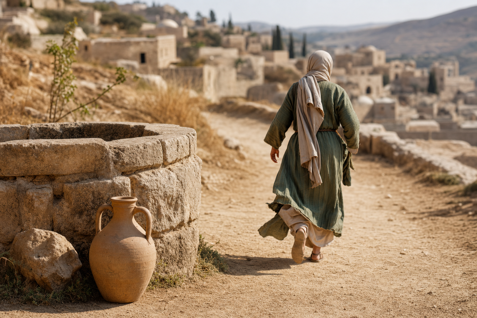 Samaritan woman leaves her water jar and hurries toward town
