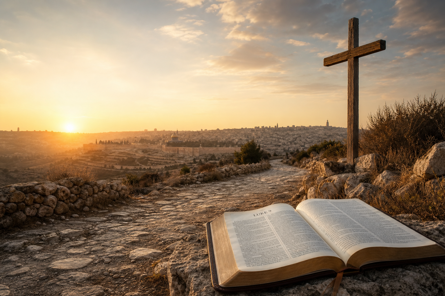 Stone road, wooden cross, and open Bible near Jerusalem